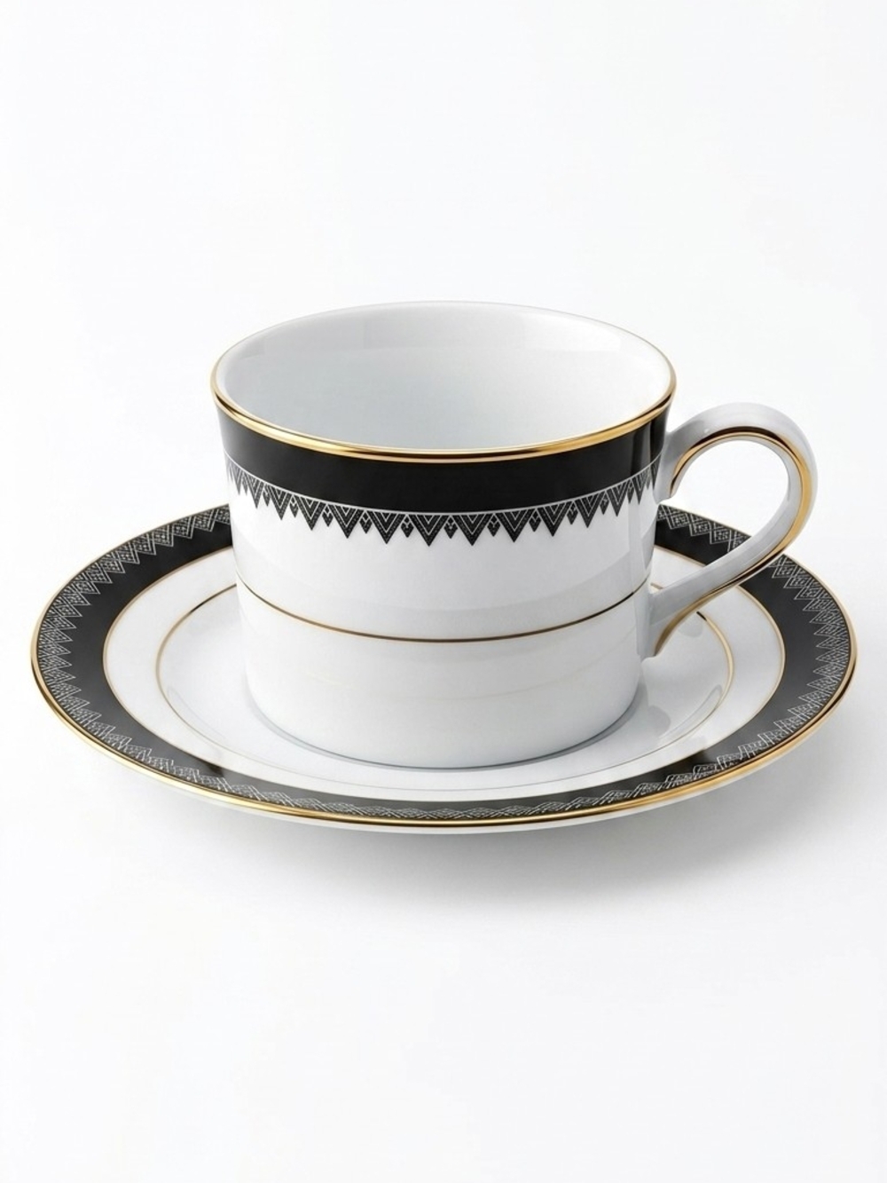 8pc Set Of Ralph Lauren Black, White and Gold Porcelain Teacups with Saucers